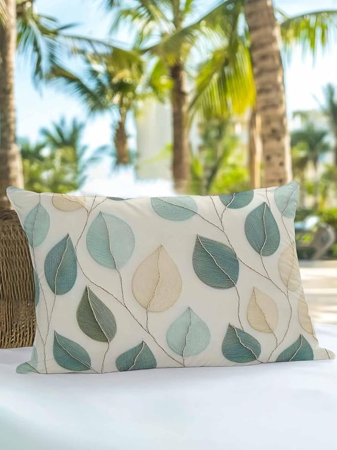 Outdoor Waterproof Throw Pillows Farmhouse Teal Green Leaf Patio Pillows,Decorative Pillow Covers with Insert,Pillow Cushion Case for Garden Couch Sofa Vintage Watercolor Leaves