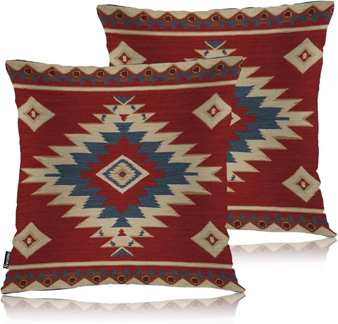Swono Aztec Pattern Set of 2 Throw Pillow Covers Ikat American Navajo Style Chevron Red 18x18 Inches Pillow Cases Standard Cushion Cover Square Pillowcases for Men Women Decorative Home Bed Sofa