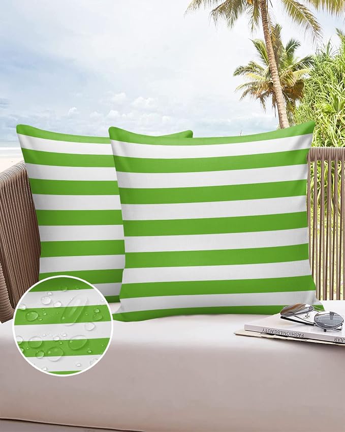 Outdoor Waterproof Pillow Covers for Patio Furniture Green and White Stripes Decorative Throw Pillow Cover Solid Striped Pillowcases Set of 2 Cushion Case for Sofa Couch Chair 18 x 18 in