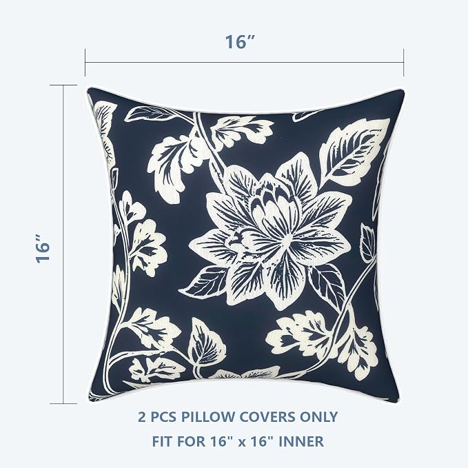 LVTXIII Outdoor Pillow Covers 16x16, Patio Waterproof Throw Pillow Cases Fade Resistant Accent Pillow Covers for Spring Summer Garden Decoration, Set of 2, Elegant Vines Navy