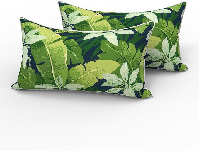 LVTXIII 2 Pack Outdoor Lumbar Pillows 12x20 Inch with White Piping, Fade Resistant Support Throw Pillows with Inserts for Patio Furniture, Sofa, Chair, Jungle Leaves