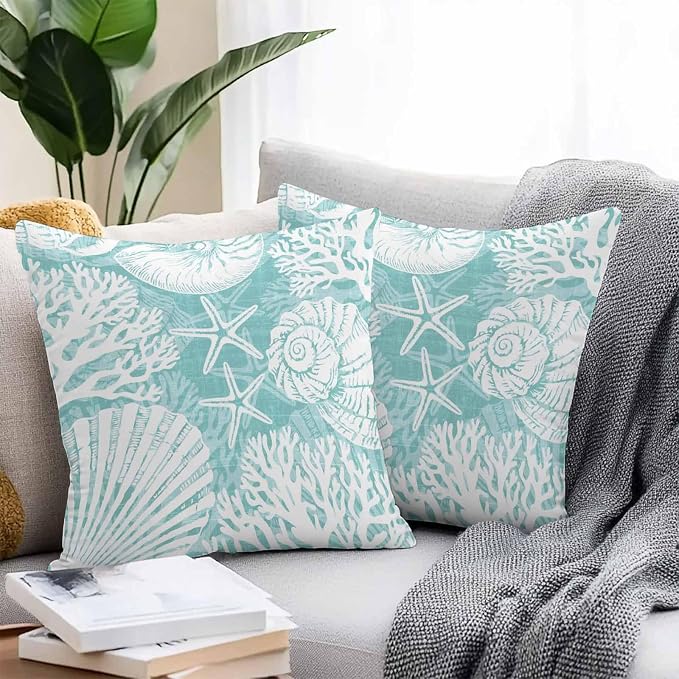 Outdoor Pillow Covers 16x16 Inch Set of 2, Teal Green Starfish Coastal Waterproof Throw Pillow Covers, Summer Coral Shell Beach Nautical Decorative Cushion Pillowcases for Couch Sofa Bed Garden Patio