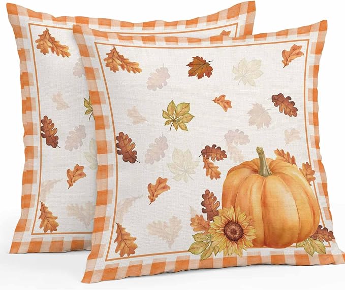 Thanksgiving Day Outdoor Pillow Covers Set of 2, Autumn Pumpkins Sunflowers Decorative Waterproof Throw Pillowcase Fall Leaves Plaid Cotton Linen Soft Cozy Cushion Cover Pillowsham 16x16In