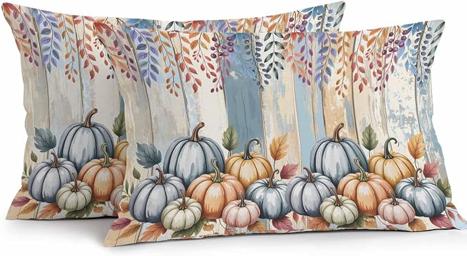 Orange Pumpkins Outdoor Waterproof Pillow Covers, Eucalyptus Leaves Wood Grain Country Rustic Decorative Rectangle Throw Pillowcase Sofa Cushion Sham for Patio/Couch/Chair, 20"x12" 2 Pack
