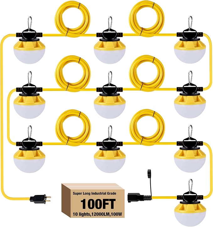 100FT Construction String Lights, IP65 Waterproof ETL Certified LED String Work Lights, 5000K Daylight 18AWG Wire Linkable Temporary Construction Lighting for Jobsite with 10 Bulbs & Hooks