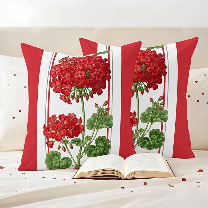 Outdoor Waterproof Pillow Covers Spring Summer Flowers Geranium Decorative Throw Pillow Protectors,Red Geometric Striped Pillowcase Cushion Cases for Patio Sofa Garden Couch,20x20in,Pack of 2
