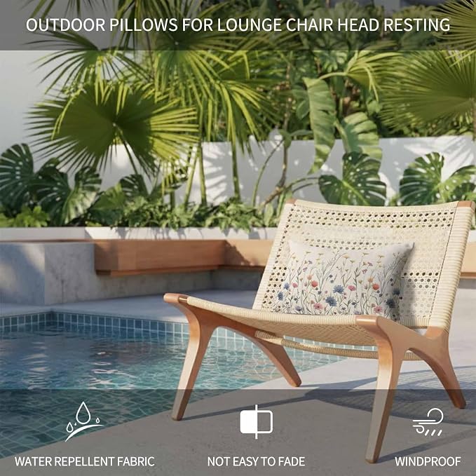 Outdoor Pillow for Chaise Lounge Chair Garden Watercolor Flower on Burlap Headrest Pillow with Adjustable Strap Set of 2,11x16 inch, Blossom Floral Botanical Leaves Head Pillows for Patio Pool