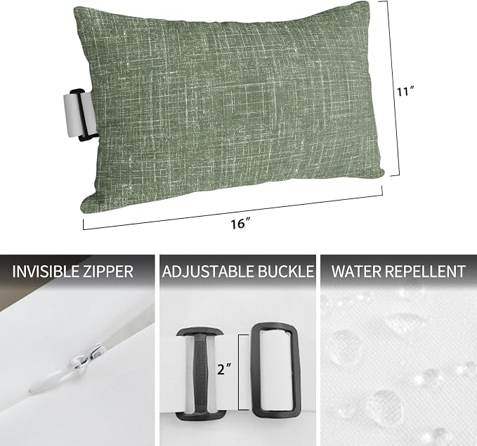 Outdoor Lumbar Pillow Set of 1, Dark Green Waterproof Beach Headrest Pillow with Inserts, Farmhouse Vintage Green Solid Color Modern Recliner Throw Pillows for Patio Furniture, 12 x 20