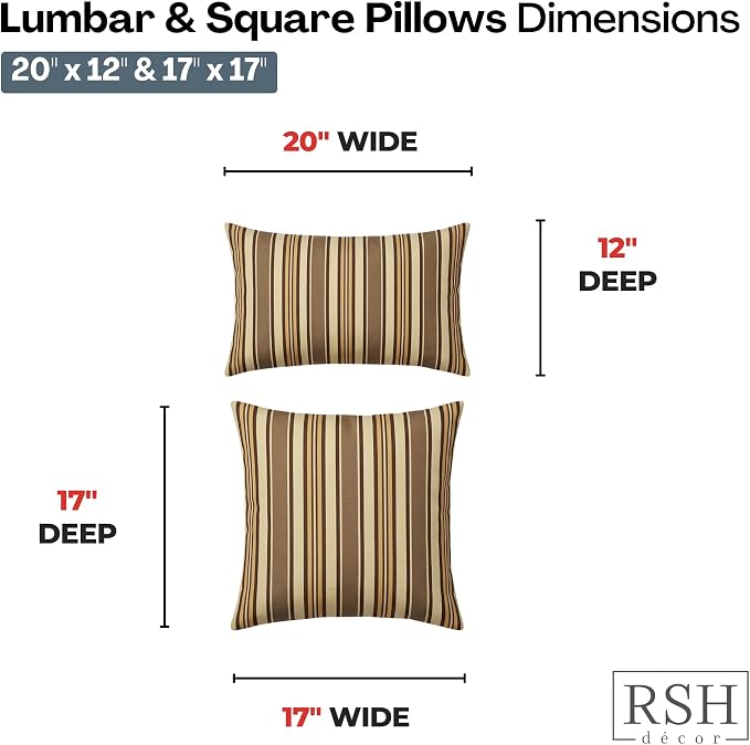 RSH DECOR: Sunbrella Lumbar & Square Pillows Set of 4 | 20" x 12" & 17" x 17" | Water and Fade-Resistant Performance Fabric | Outdoor Throw Pillows | Made in USA (Anthony Praline)