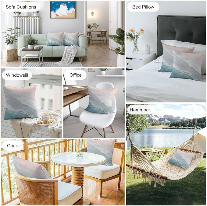 Outdoor Throw Pillow Cover Watercolor Blue White Wave Ripple Ocean Beach Waterproof Cushion Covers 2 Pack Coastal Landscape Pillow Cases Home Decoration for Patio Garden Couch Sofa