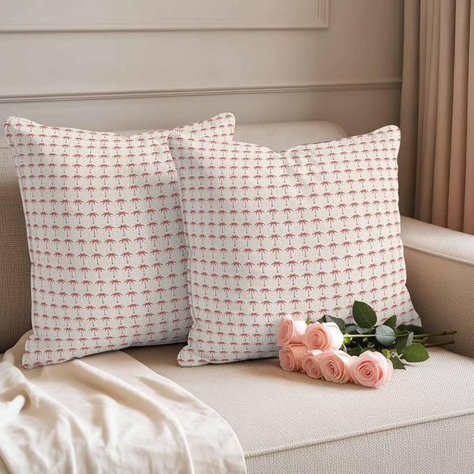 Palm Trees Outdoor Pillow Covers 16"x16" Set of 2, Summer Vintage Nautical Coastal Beach Ocean Red Tree Waterproof Throw Pillow Covers for Patio Furniture, Decorative Cushion Covers for Porch