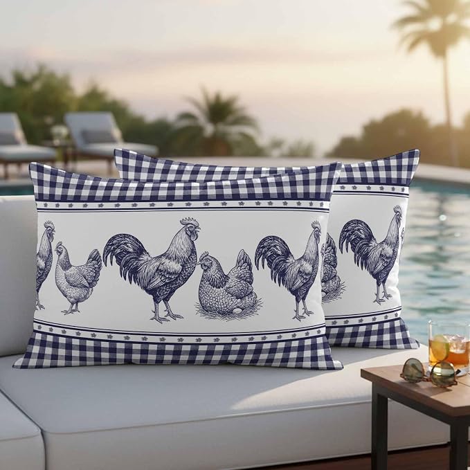 Navy Blue Rooster Outdoor Pillow Covers Waterproof, All Weather Cushion Case Set of 2, Vintage Farmhouse Blue Plaid Lumbar Pillowcase for Sofa Couch Bed Decor Patio Furniture 20"x12"