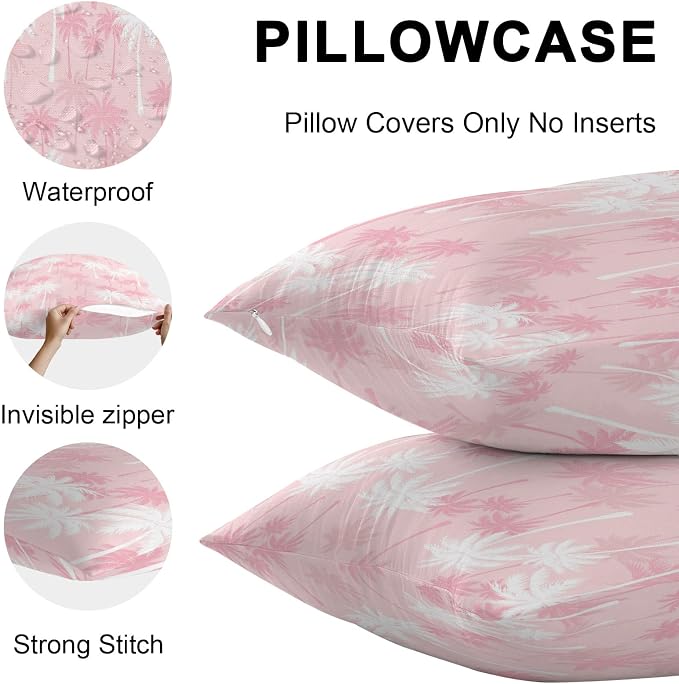 Throw Pillow Covers 16x16 Inch Set of 2, Tropical Palm Tree Waterproof Outdoor Pillow Covers, Pink White Plants Coastal Leaf Beach Decorative Cushion Pillowcases for Couch, Sofa, Bed, Garden, Patio