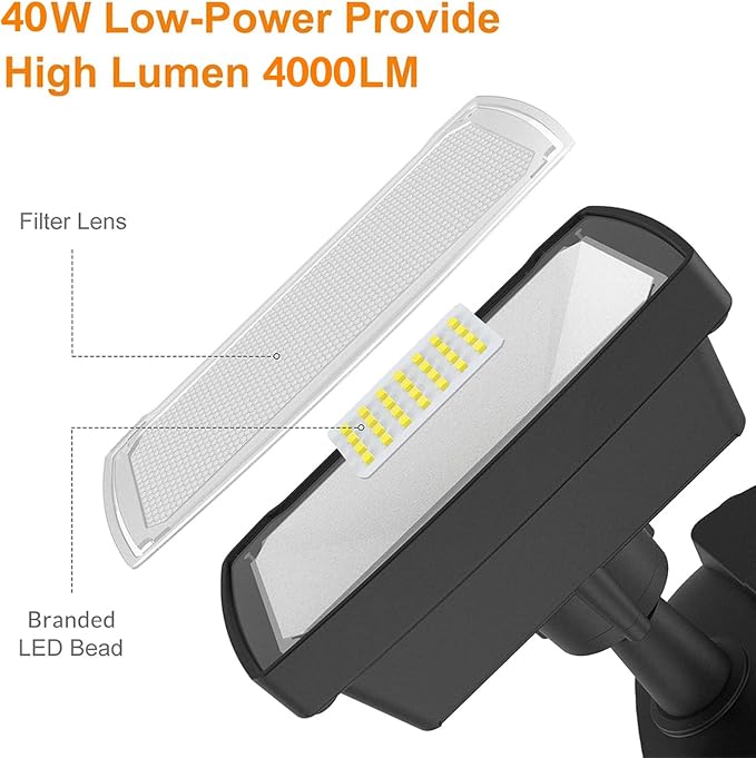 LEPOWER Hardwired LED Security Lights Motion Sensor Outdoor, 40W 4000LM | 5500K Daylight, 72 FT Range & 180° Detection, Easy to Install, IP65 Waterproof, 2 Head Flood Light for Garage, Yard, Porch