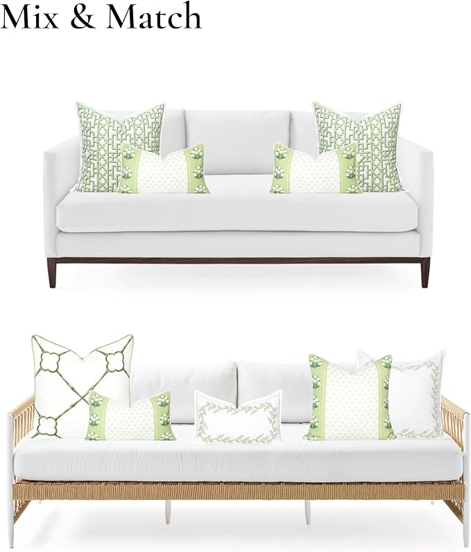 Hofdeco Premium Grandmillennial Coastal Hampton Patio Indoor Outdoor Lumbar Pillow Cover Only, 12"x20" Water Repellent for Backyard, Couch, Poolside, Green Print Block Print Striped Lily of the Valley