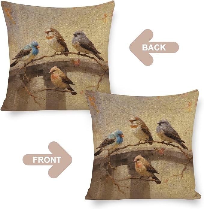 Pillow Protector Colorful Birds are Sitting on A Branch Linen Cushion Case Oil Painting Birds in Tree Branch Color Ground Decorative Bed Pillows 18"x18" Pillowcase for Couch Sofa Bedroom Car