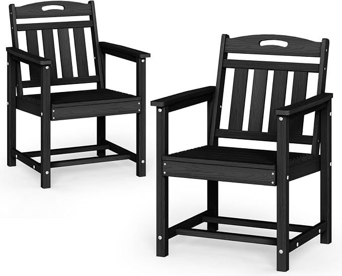Set of 2 Weatherproof Patio Chairs - HDPE Outdoor Dining Chairs with Wide Seat, Ergonomic Design - for Garden, Backyard, Deck - Black