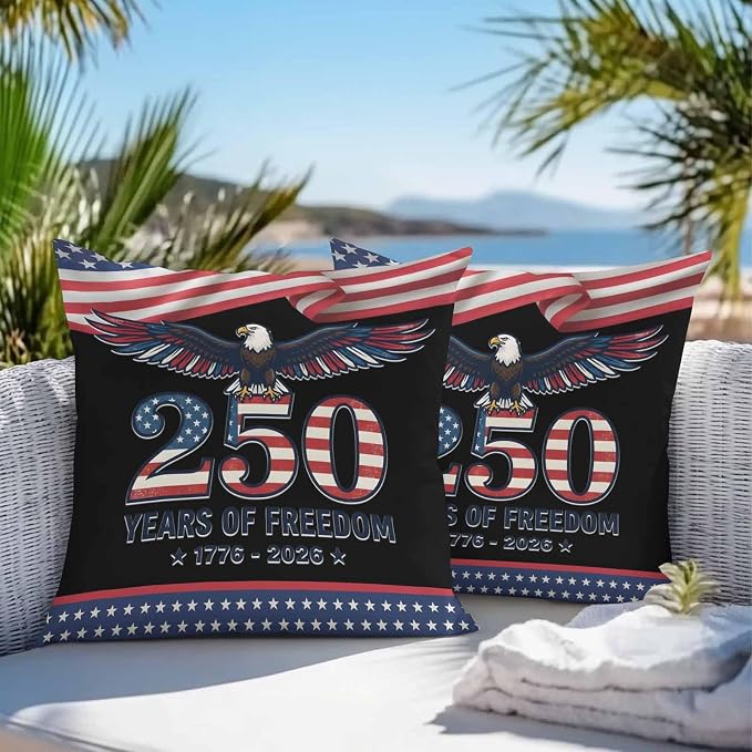 250 Years USA Flag Outdoor Waterproof Throw Pillow Covers 16x16 Set of 2, Independence Day Eagle Anniversary Decorative Pillowcases Cushion Pillowcase for Couch Sofa Patio Outside Pillow Protector