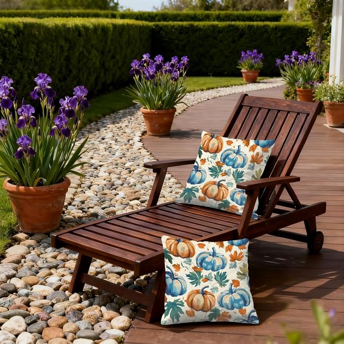 16x16 Inch Outdoor Pillow Covers Set of 2 Waterproof Throw Pillow Covers Decorative Couch Cushion Covers Blue Pumpkin Fall Leaf Square Pillowcases Protectors for Patio Garden Sofa