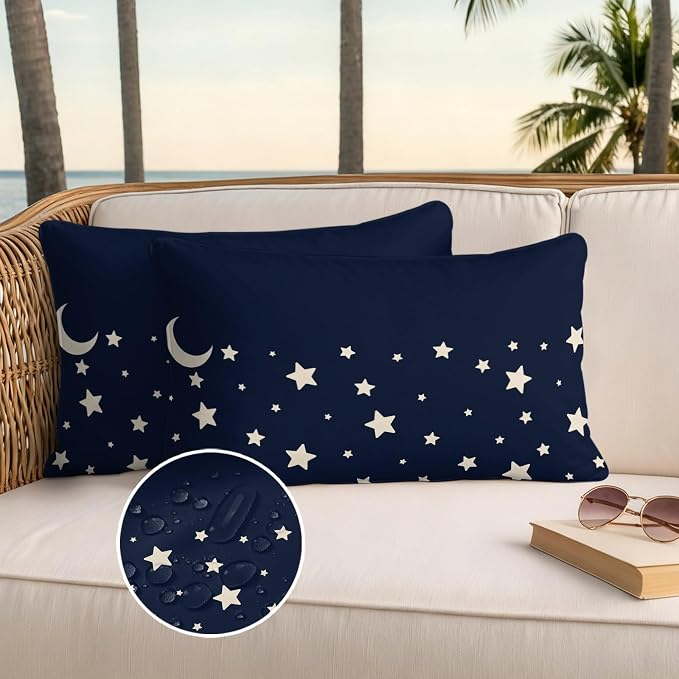 Stars Moon Waterproof Outdoor Pillow Covers Set of 2 Home Decor, Starry Night Navy Blue Lumbar Pillowcase Patio Pillow Covers for Couch Bench Patio Furniture Garden 20x12in
