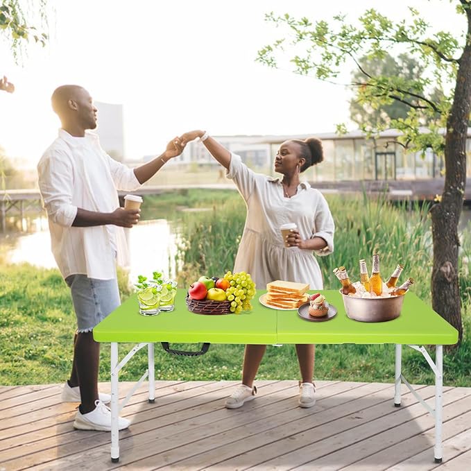 Anwick 4 Foot Folding Table Portable Fold-in-Half Plastic Picnic Table w/Handle and Steel Legs for Indoor, Outdoor, Camping, Party, Garden (Green, 4ft)