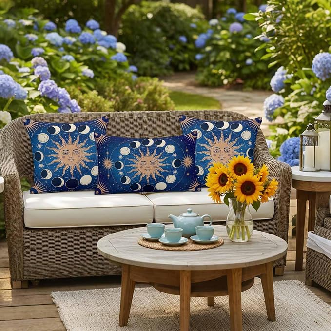 Celestial Sun and Moon Waterproof Outdoor Pillow Covers Set of 2 Home Decor, Blue Starry Galaxy Boho Pillowcase Patio Pillow Covers for Couch Bench Patio Furniture Garden 26x26in