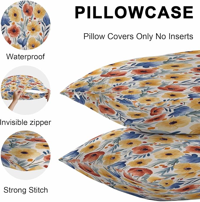 Spring Floral Outdoor Pillow Covers 16x16 Inch Throw Pillow Covers Set of 2 Waterproof Decorative Pillow Cases Red Yellow Blue Summer Botanical Cushion Covers for Patio Furniture Garden Couch Sofa