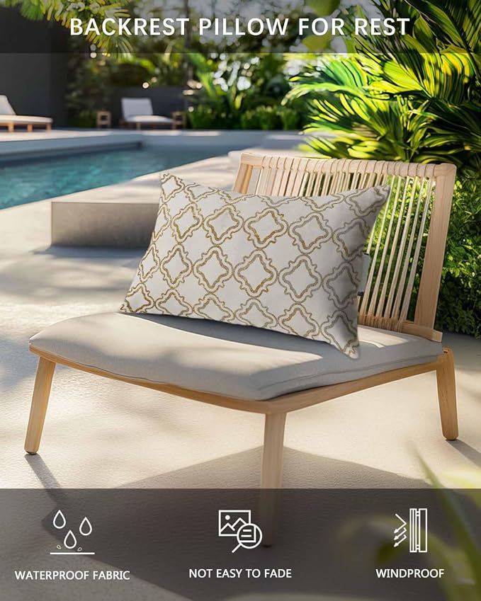 Outdoor Pillows Waterproof Covers Set of 2, Geometric Lines Adjustable Elastic Chaise Lounge Head Resting Pillows, Luxury Golden Linen Lumbar Pillow for Pool Beach Patio Furniture 20x12 Inch