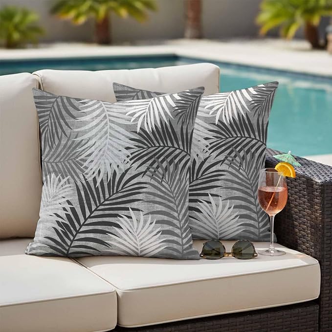 Outdoor Waterproof Throw Pillow Covers, Grey Palm Leaves Decorative Pillow Cases, Summer Botanical Tropical Leaf Couch Pillow Protector Patio Sofa Cushion Covers Replacement 18"x18" 2 Pack