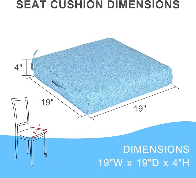 Aoodor Patio Chair Cushions Set of 2, 19 x 19 x 4 Inch Water Resistant Outdoor Seat Cushions with Handle and Ties, Square Corner Cushions for Patio Furniture Garden Lawn, Lake Blue