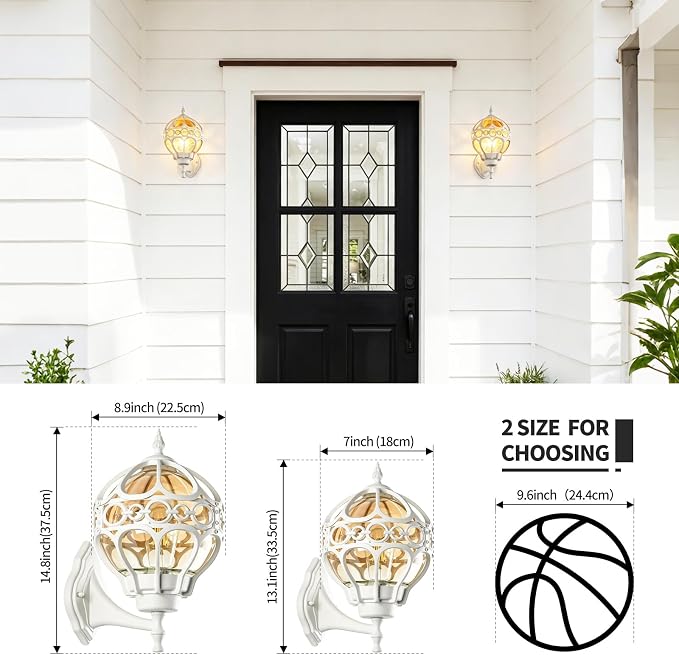 White Globe Outdoor Wall Lights, Round Exterior Wall Sconce for Patio, Porch, Entryway, Anti-Rust Aluminum Wall Mount Lighting Fixture, Outside Wall Lantern with Amber Glass & Ornate Cage, E26 Base