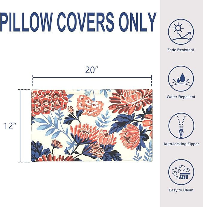 12x20 Inch Outdoor Lumbar Pillow Covers Pack of 2, All Weather Cushion Pillow Cases, Pillowcase for Patio Couch Decoration, Red Chrysanthemum
