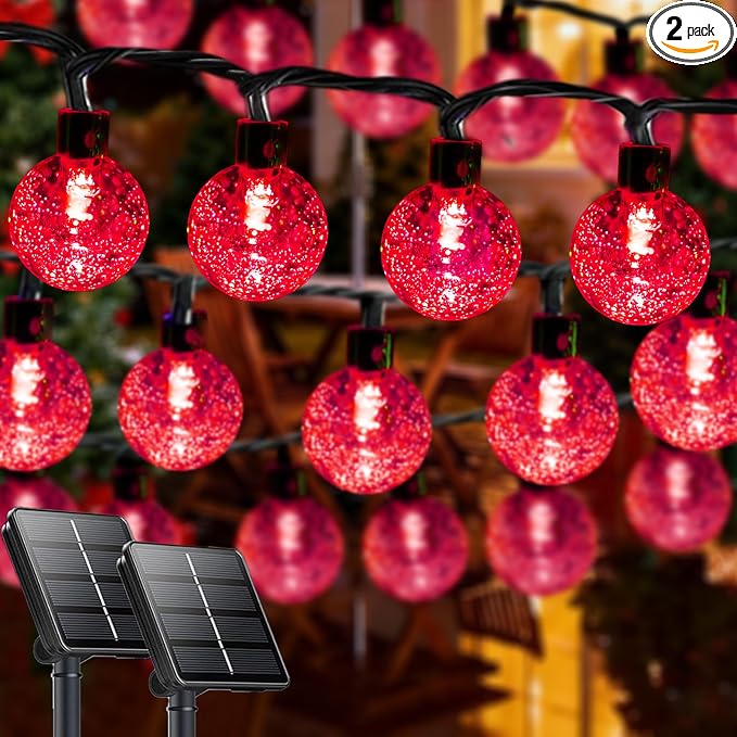 LORRYTE Solar String Lights Outdoor 2 Pack 64FT 100 LED Red Patio Lights | Crystal Globe, IP65 Waterproof, Auto On/Off, 8 Modes Solar Powered Light for Outside Halloween Party Garden Yard Decorations