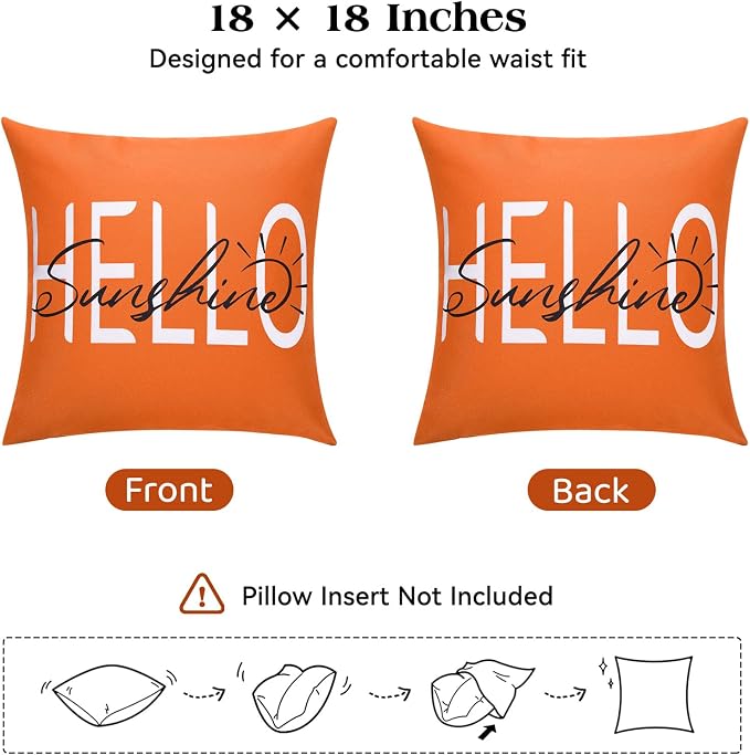 Lewondr Waterproof Outdoor Throw Pillow Cover, 18×18", Orange | 2 Pack, Hello Sunshine Printing, Summer Garden Decor, For Patio Sofa, Balcony Couch, Bench Porch