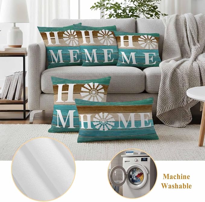 Outdoor Pillow Covers Set of 2, Home Windmill Farmhouse Wooden Decorative Throw Pillow Covers 16X16IN, Farm Teal Wood Board Throw Pillows Protector Cushion Case for Patio,Couch,Sofa,Garden