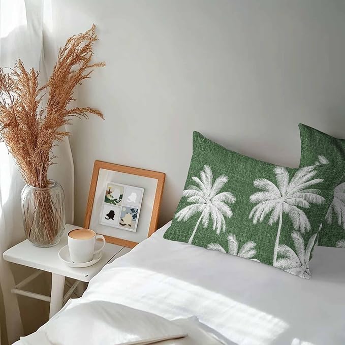 Lumbar Pillow Covers 20x12 Inch Set of 2, Dark Green Palm Trees Waterproof Outdoor Pillow Covers, Farmhouse Tropical Summer Beach Decorative Cushion Pillowcases for Couch, Sofa, Bed, Garden, Patio