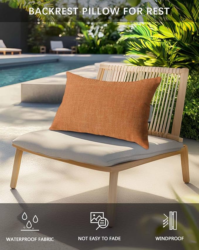 Outdoor Pillow for Chaise Lounge Chair Orange Rustic Vintage Burlap Texture Outdoor Pillows Waterproof with Adjustable Strap Headrest Lumbar Pillows for Garden Patio Furniture 2 Pack 11" x 16"