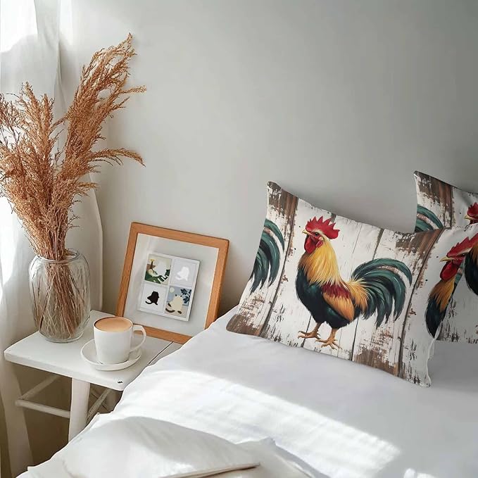 Vintage Rooster Outdoor Waterproof Throw Pillow Covers 20x12 Set of 2, Retro Farmhouse Rooster Watercolor Decorative Pillowcases Cushion Pillowcase for Couch Sofa Patio Outside Pillow Protector