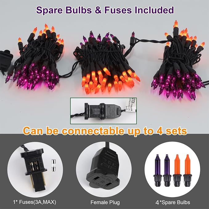 LJLNION Halloween Lights, 29ft 150 Count Black Wire Fairy Mini Lights, 120V UL Certified Incandescent Light String, Connectable for Garden Patio Holiday Party Outdoor Decor, Orange & Purple