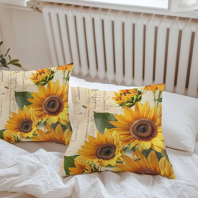 Throw Pillow Covers 24x24 Inch Set of 2, Yellow Sunflowers Waterproof Outdoor Cushion Covers, Country Vintage Botanical Floral Decorative Pillowcases for Couch, Sofa, Bed, Garden, Patio