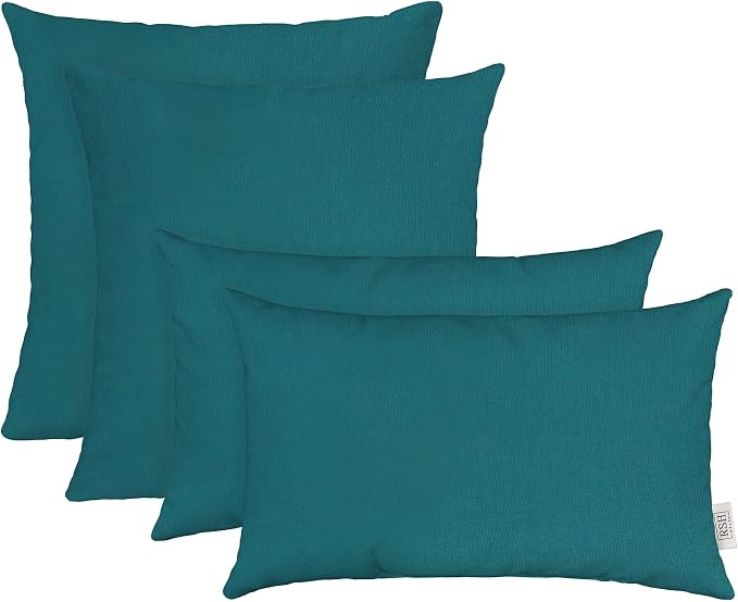 RSH DECOR Sunbrella Lumbar & Square Pillows Set of 4 | 20" x 12" & 17" x 17" | Water & Fade-Resistant Performance Fabric | Outdoor Throw Pillows | Made in USA (Spectrum Peacock)