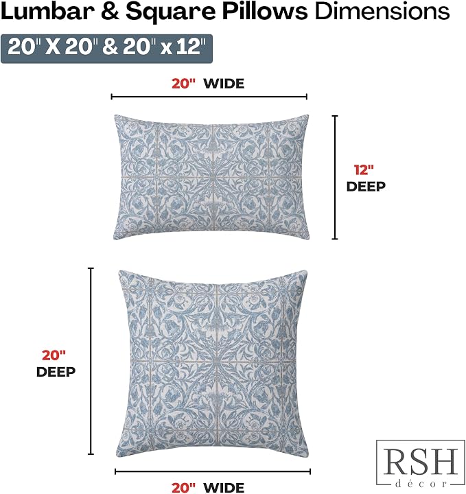RSH DECOR: Sunbrella Lumbar & Square Pillows Set of 4 | 20" x 12" & 20" x 20" | Water and Fade-Resistant Performance Fabric | Outdoor Throw Pillows for Patio Furniture | Made in USA (Provincial Azure)