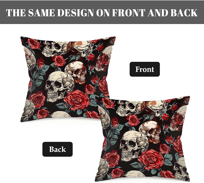 18x18 Inch Outdoor Pillow Covers Set of 2 Waterproof Throw Pillow Covers Decorative Couch Cushion Covers Floral Rose Skull Square Pillowcases Protectors for Patio Garden Sofa