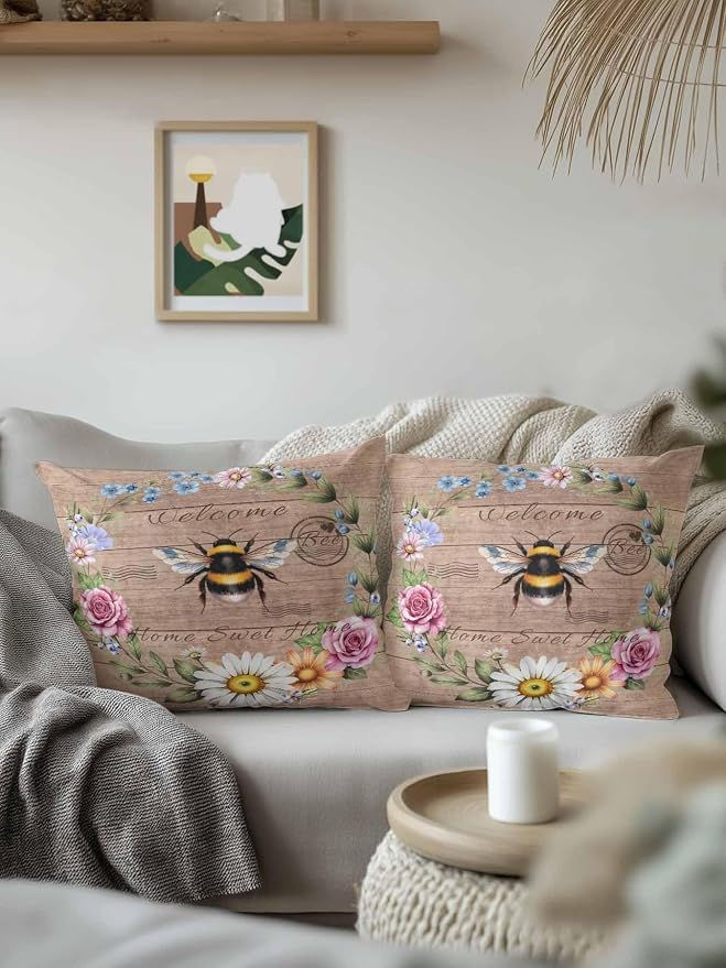 Outdoor Waterproof Throw Pillows Farmhouse Bee Flower Wreath Patio Pillows Pack of 2,Decorative Pillow Covers with Insert,Pillow Cushion Case for Garden Couch Sofa Farm Retro Wood Board