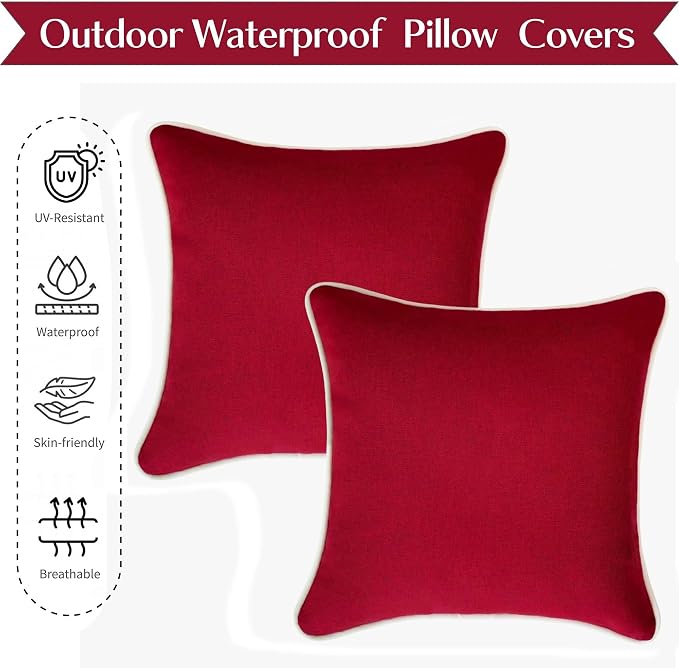 HER HWA Outdoor Throw Pillow Covers White Piping 18"x18" Set of 2, Red | durable fade-resistant water-resistant 100% polyester white piping smooth zipper machine washable for indoor outdoor décor
