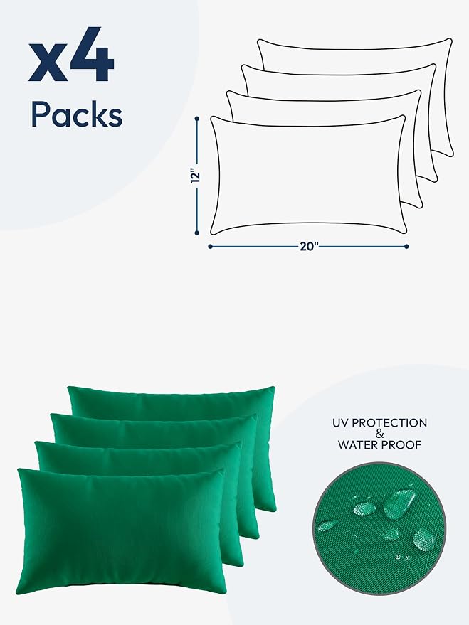 Indoor Outdoor Lumbar Pillows,Waterproof Outdoor Pillows Set of 4 for Patio Furniture,12×20 Inch, Green
