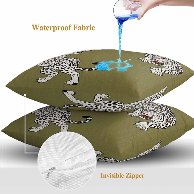 Yukro Green Leopard Outdoor Waterproof Pillow Covers Pack of 2, Modern Style Wild Animal Rustic Linen Texture Throw Pillowcases Decorative Cushion Covers for Garden Patio Tent Sofa Couch, 24x24 inch