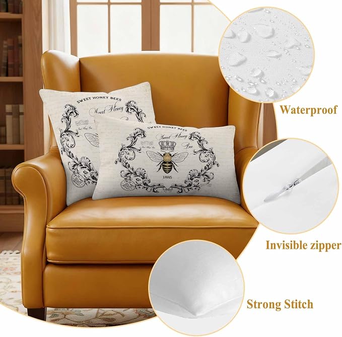 Outdoor Waterproof Throw Pillow Covers Set of 2 Sweet Honey Bees Pillowcases 26x26 Inches Floral Crown Wreath Vintage Decorative Pillows Cushion Case Patio Pillows for Couch Bed Chair Garden