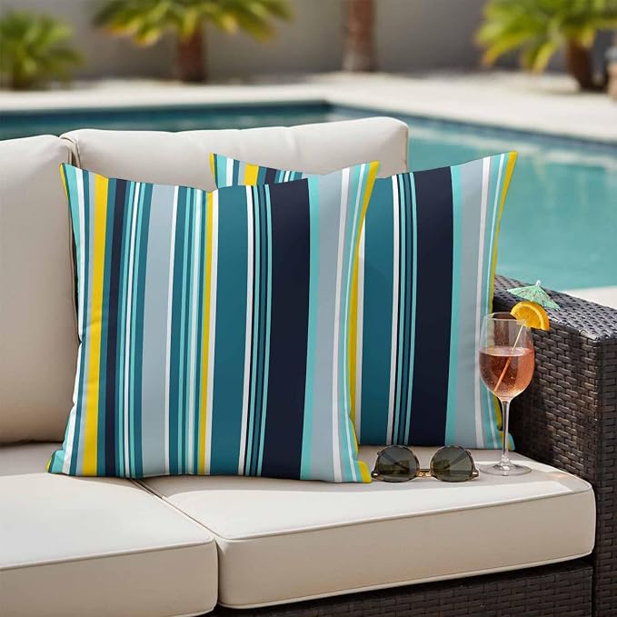 Teal Yellow Stripes Outdoor Pillow Covers Set of 2 Lines Art Waterproof Throw Pillow Cover Decorative Cushion Cases for Patio Porch Garden 26X26 Inch