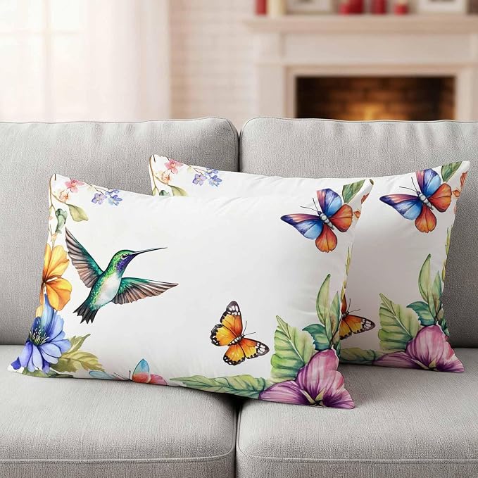 Spring Flowers Bird Outdoor Waterproof Throw Pillow Covers Set of 2, 20"x12", Hummingbird Butterfly Rustic Decorative Pillow Covers Outside Cushion Case for Patio Porch Garden